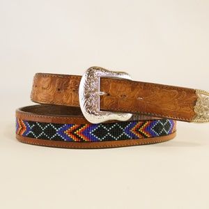 Vintage Beaded Tooled Leather Mexican Belt